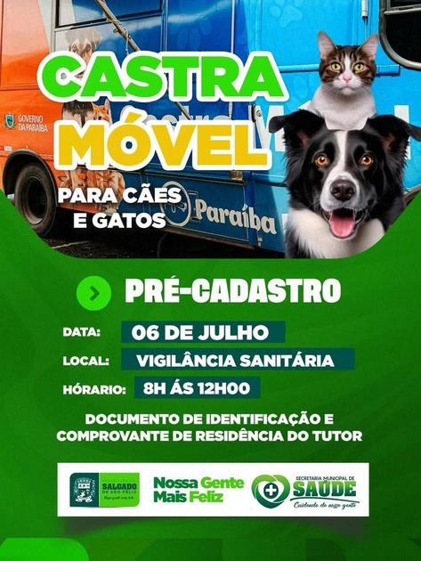 Castra Móvel chega a Salgado de São Félix com pré-cadastro para cães e gatos na próxima segunda-feira